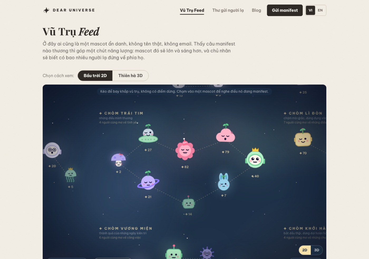 Vũ Trụ Feed: bầu trời với các chòm sao và mascot