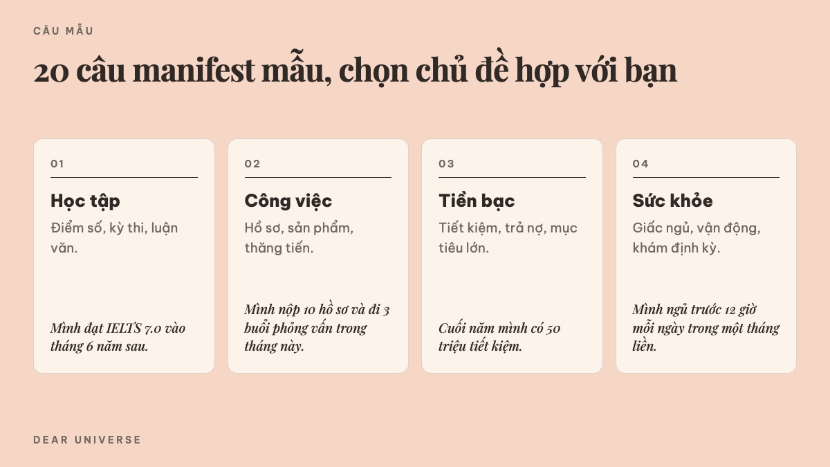20 câu manifest mẫu chia theo chủ đề: học tập, công việc, tiền bạc, sức khỏe