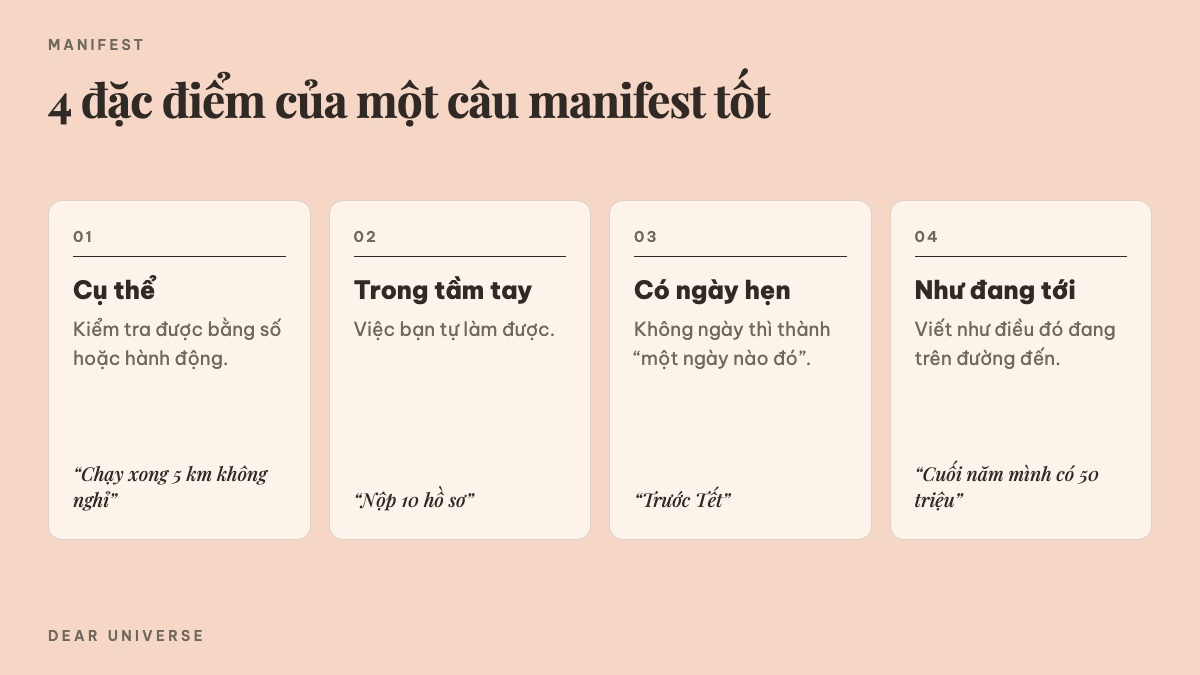 Bốn đặc điểm của một câu manifest tốt: cụ thể, trong tầm tay, có ngày hẹn, viết như đang tới