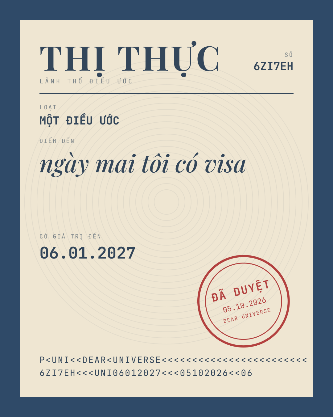 Manifestation card: ngày mai tôi có visa. Set for 06.01.2027.